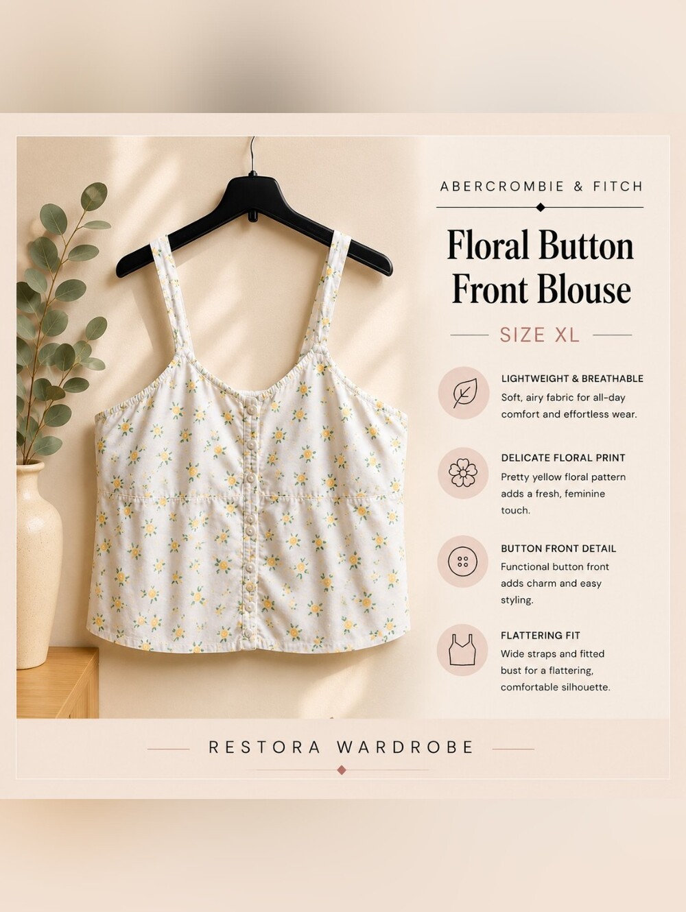 Abercrombie & Fitch White Lemon Print Button Front Smocked Crop Cami Top XL